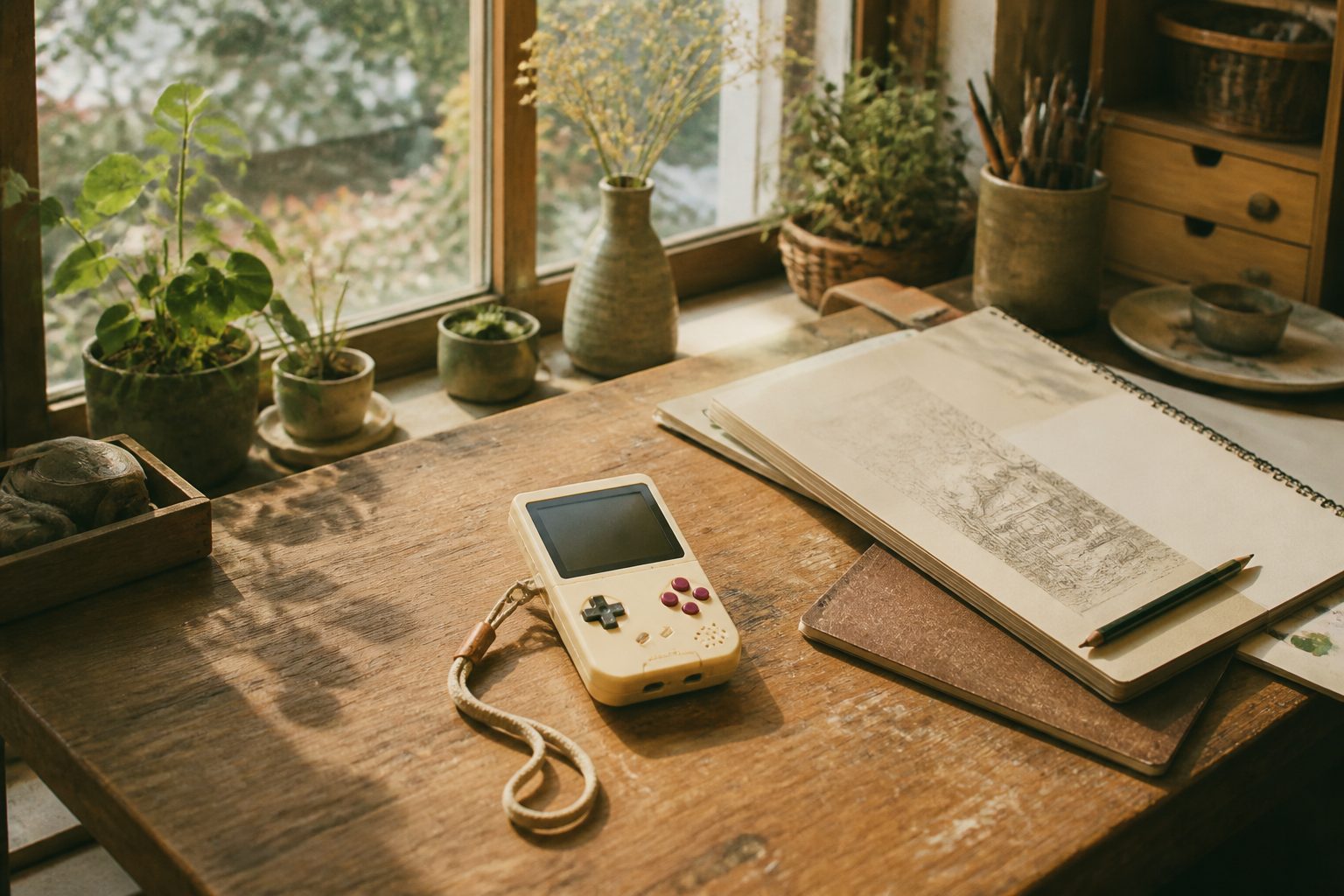 A handheld companion device on a wooden desk
