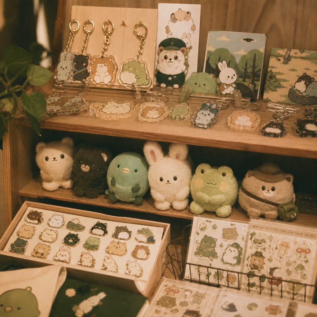 Character goods arranged on a shelf